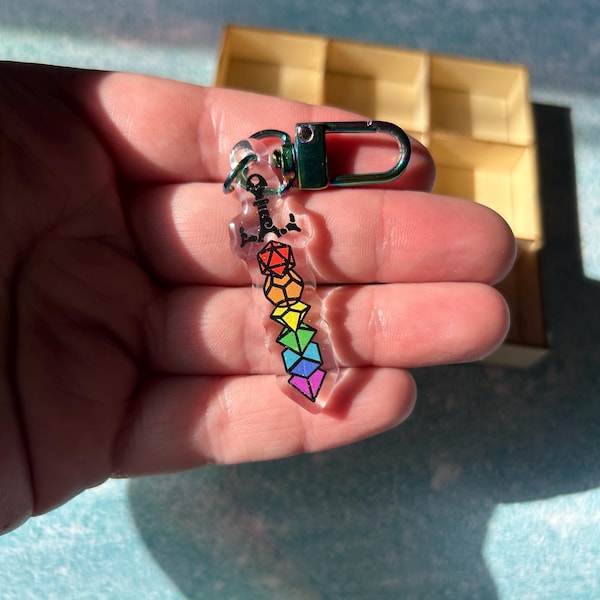 Rainbow Pride Dice Sword 2” Glitter Epoxy Acrylic Charm Keychain DnD Gaming RPG