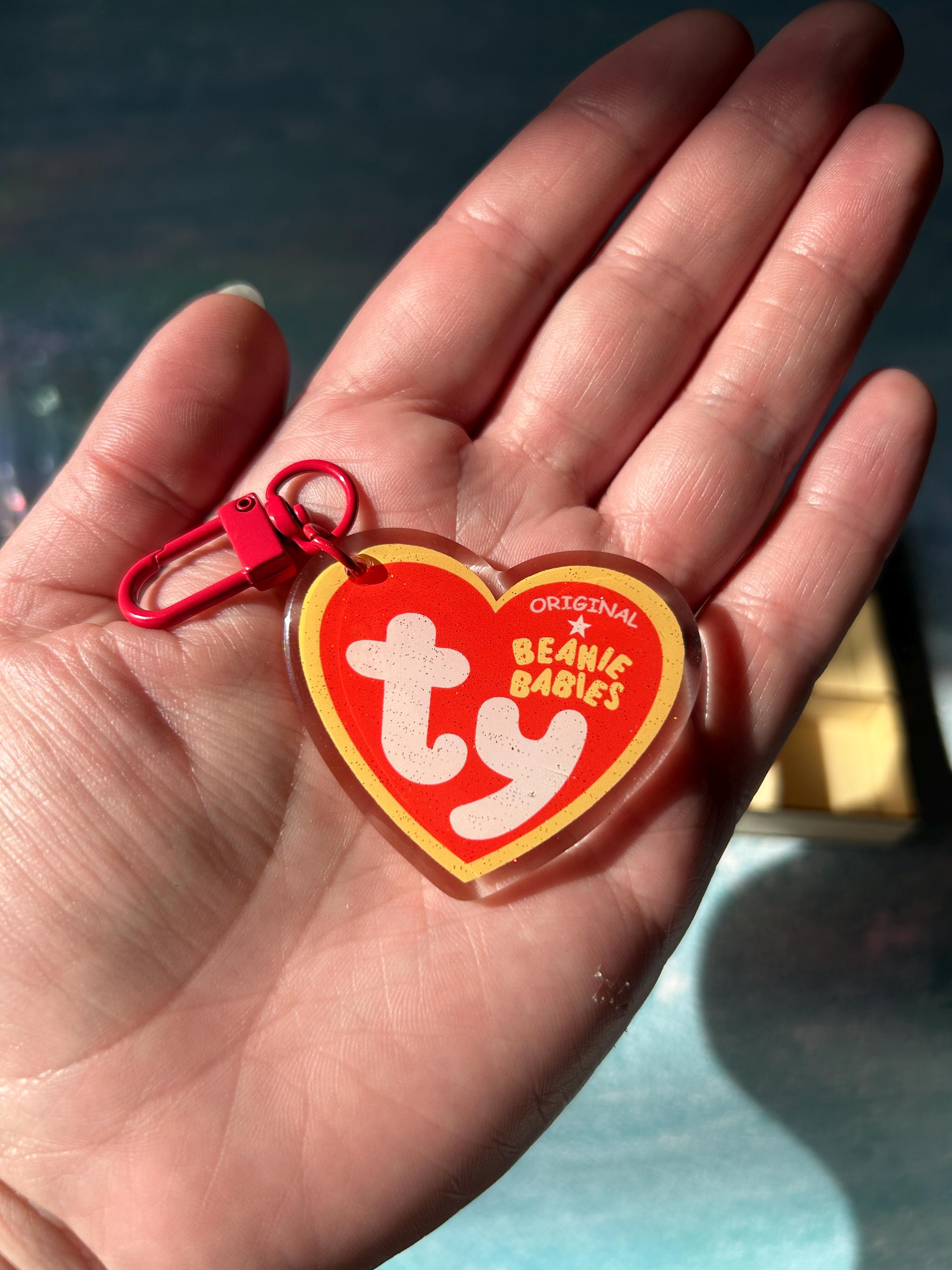 TY Tag Beanie Babies 2” Glitter Epoxy Acrylic Charm Keychain Retro