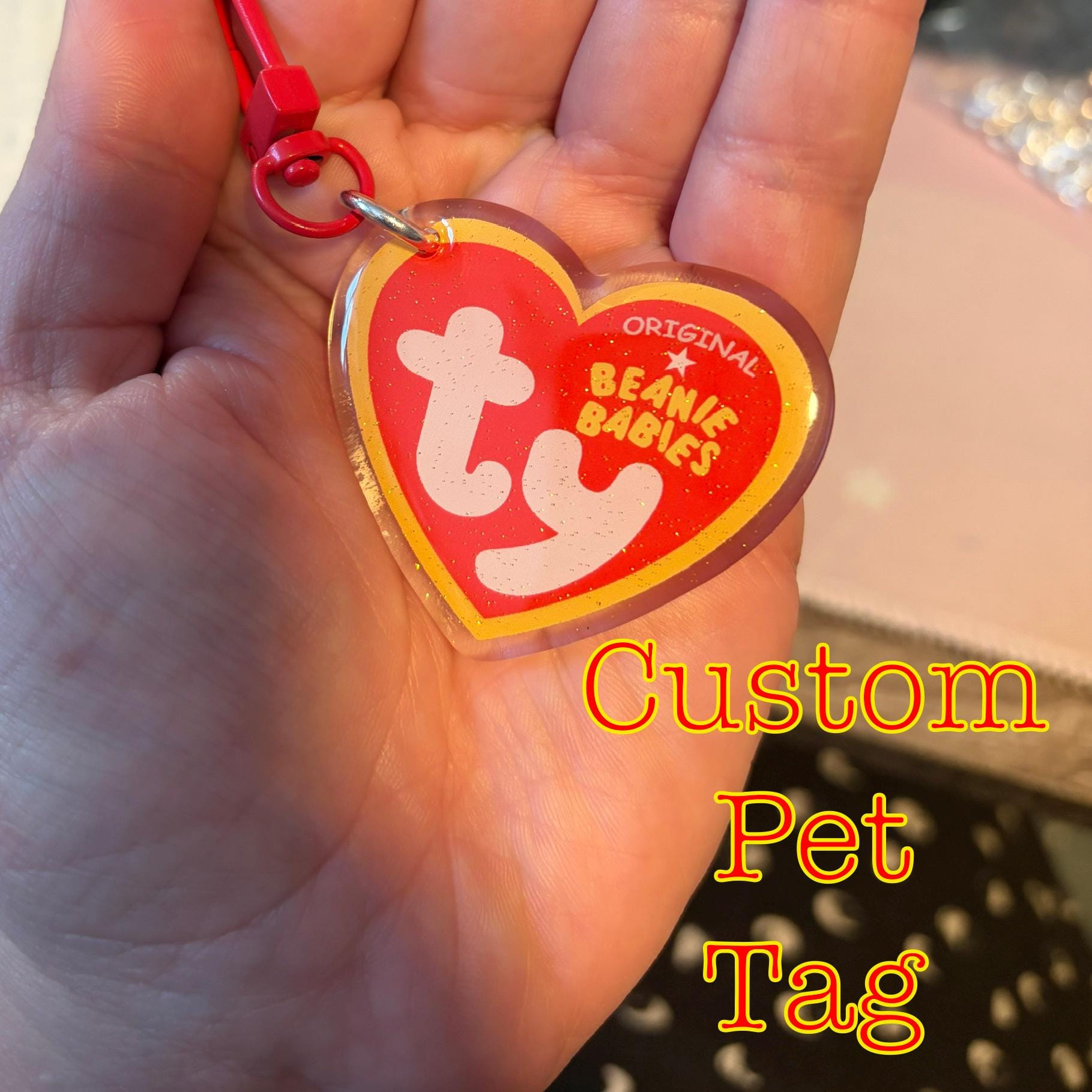 TY Tag Beanie Babies 2” Glitter Epoxy Acrylic Charm Keychain Retro