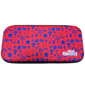 May include: Red Nintendo Switch carrying case with a blue and white pattern of video game icons and the text "Old Skool".