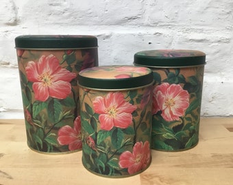 Set of 3 old boxes, vintage boxes, metal boxes with floral pattern