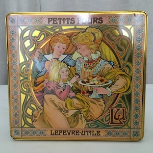 Boite ancienne, Boîte de rangement, boîte vintage à biscuit Lefevre Utile (Lu), style art nouveau/ mucha