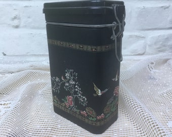 Vintage tin box, Pretty old box with plant and bird decoration, vintage box, metal box, storage box, decorative box