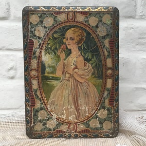 Vintage tin box, very pretty old box representing a young girl in a garden, decorative box, storage box, vintage box