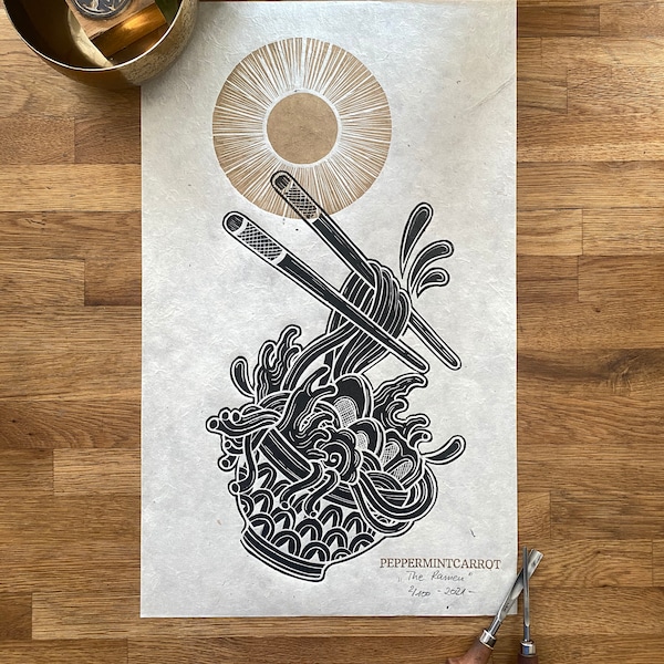 THE RAMEN - Linocut Print - Black/Gold/Nature