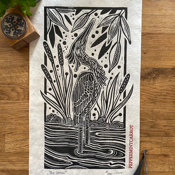 HERON - Linocut Print - Black/Nature