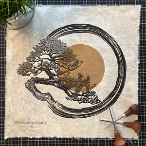 May include: A black and brown print of a bonsai tree with a circle around it on a white textured paper. The print is signed "PeppermintCarrot Emma - Bonsai - 6/60 - 2019".