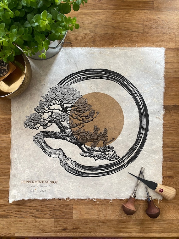 ENSO BONSAI - Linoldruck - Schwarz/Gold/Natur