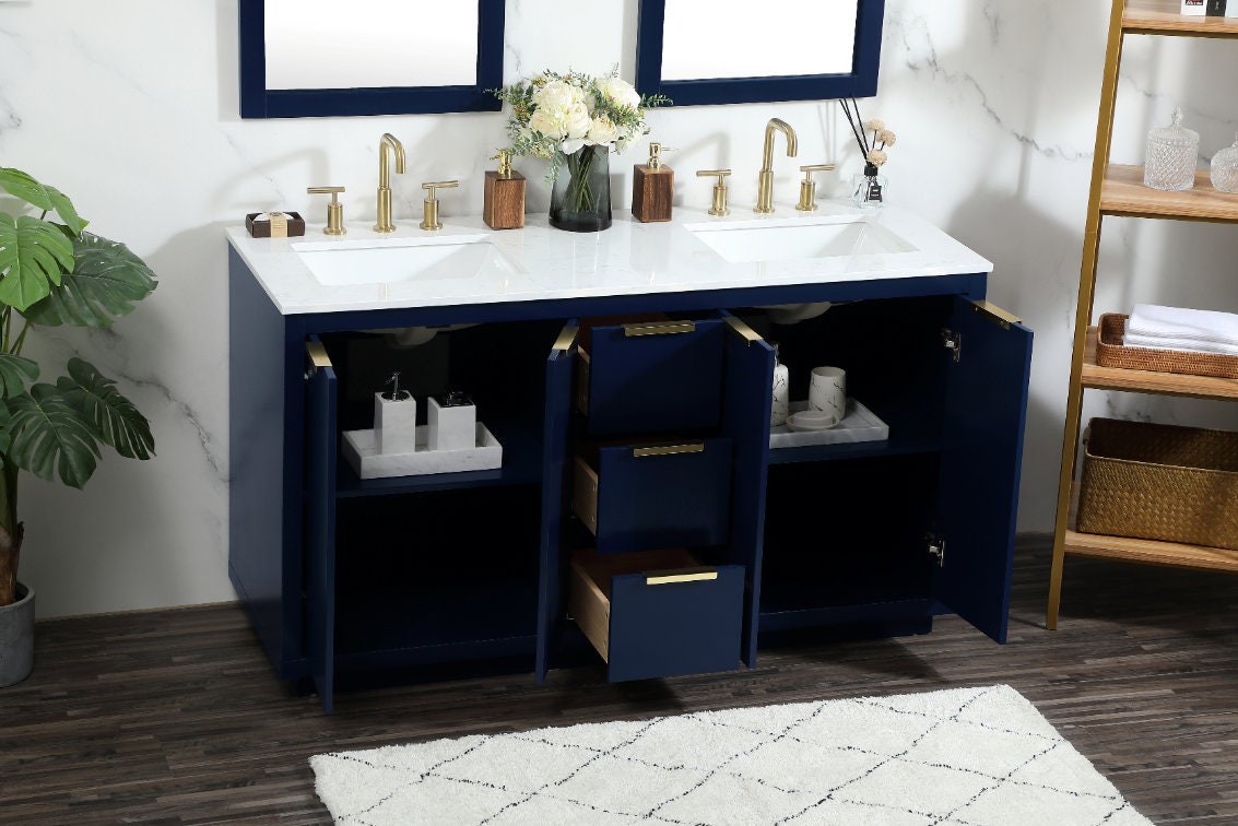 Modern 60-inch Double Bathroom Vanity in Blue/grey/white - Elegant ...