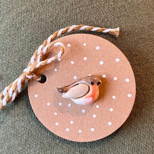 Könnte beinhalten: Ein keramischer Rotkehlchen-Vogel-Ornament mit roter Brust, braunen Flügeln und weißem Bauch ist an einem runden, braunen Anhänger mit weißen Tupfen befestigt. Der Anhänger ist mit einer braun-weißen Schnur gebunden. Der Hintergrund ist ein grüner Stoff.