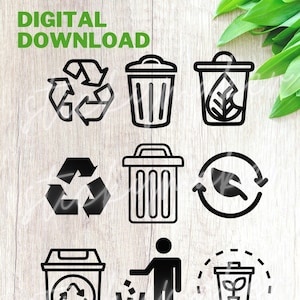 May include: Nine black and white icons depicting different ways to recycle and dispose of trash. The icons include a recycling symbol, a trash can, a leaf in a trash can, a hand holding a leaf in a circle, a trash can with a recycling symbol, a person throwing trash in a trash can, and a trash can with a plant growing in it.