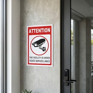 Peut inclure: Panneau rouge et blanc avec le mot « ATTENTION » et le texte « THE FACILITY IS UNDER VIDEO SURVEILLANCE » sous un graphique de caméra de sécurité. Une caméra de sécurité est montée au plafond.