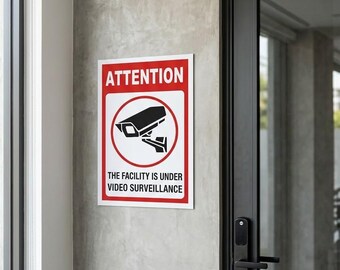 Atención: Estas instalaciones están bajo videovigilancia (CCTV). Señal de seguridad / Protección de la propiedad / Señal adhesiva / Grabación de vídeo.