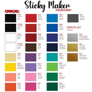 May include: Color chart for Oracal 651 vinyl adhesive. The chart shows a variety of colors, including black, white, red, blue, green, and brown. The chart also includes metallic colors, such as silver, gold, and copper.