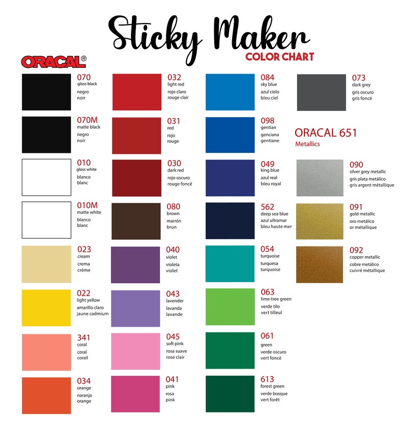 May include: Color chart for Oracal 651 vinyl adhesive. The chart shows a variety of colors, including black, white, red, blue, green, and brown. The chart also includes metallic colors, such as silver, gold, and copper.