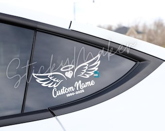 Calcomanía de vinilo personalizada con alas de ángel conmemorativas / Adhesivo personalizado para ventana de coche con nombre y fecha, adhesivo para parachoques