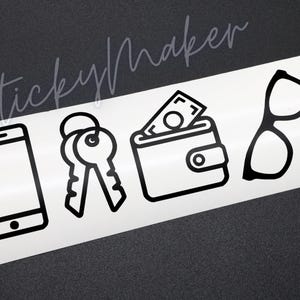 May include: Black and white line art design of a smartphone, keys, wallet with money, and eyeglasses. The design is on a white background.