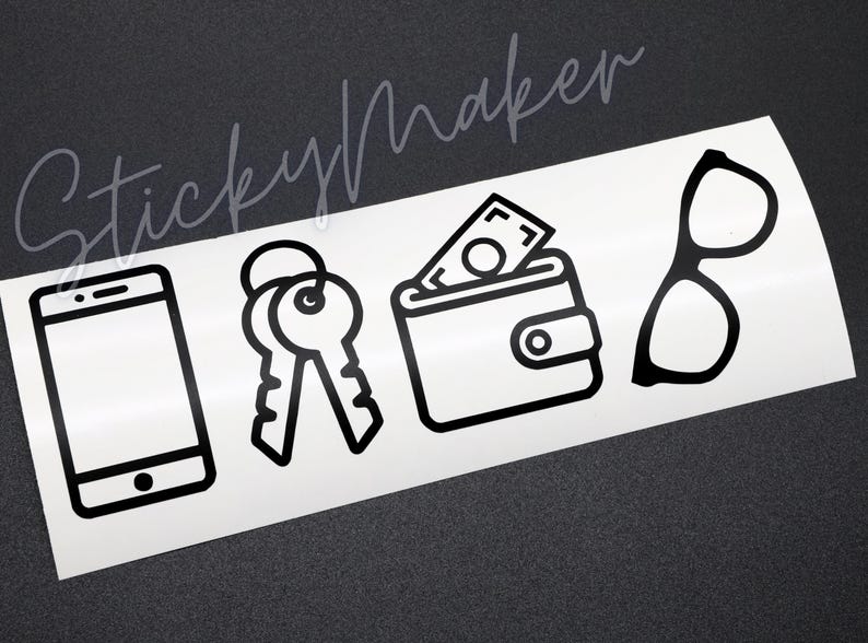 May include: Black and white line art design of a smartphone, keys, wallet with money, and eyeglasses. The design is on a white background.