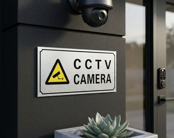 Letrero de seguridad CCTV moderno de aluminio cepillado / Etiqueta de advertencia adhesiva elegante Letrero de seguridad para videovigilancia y grabación de video