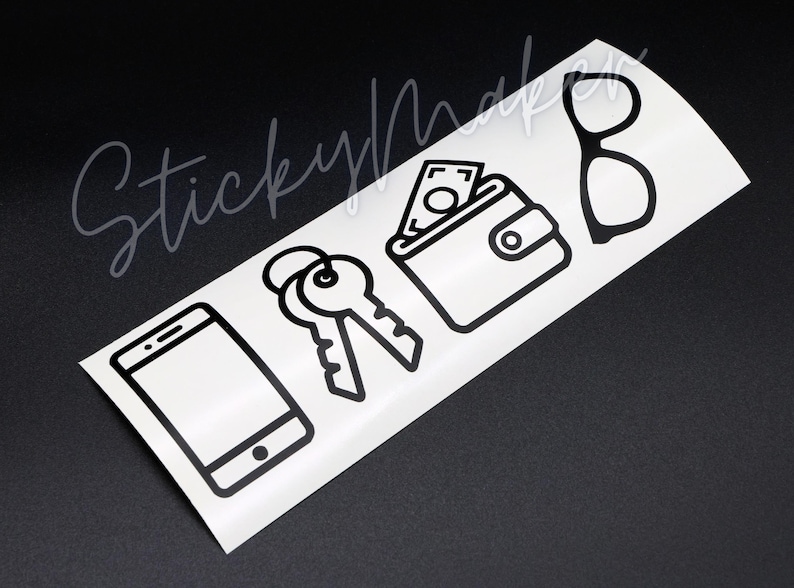May include: Black and white line art icons of a smartphone, keys, a wallet with cash, and eyeglasses. The icons are on a white background.