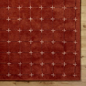 May include: A close-up of a terracotta-coloured rug with a grid pattern. The grid is formed by darker lines, and each square contains a white cross. The rug has a soft, textured appearance.