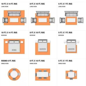 May include: Diagrams showing rug sizes and furniture layouts for living rooms, bedrooms, and dining rooms. Examples include 10 ft x 14 ft, 8 ft x 10 ft, and 5 ft x 7 ft rugs, plus a round 8 ft rug. Text labels specify room type and furniture arrangements.