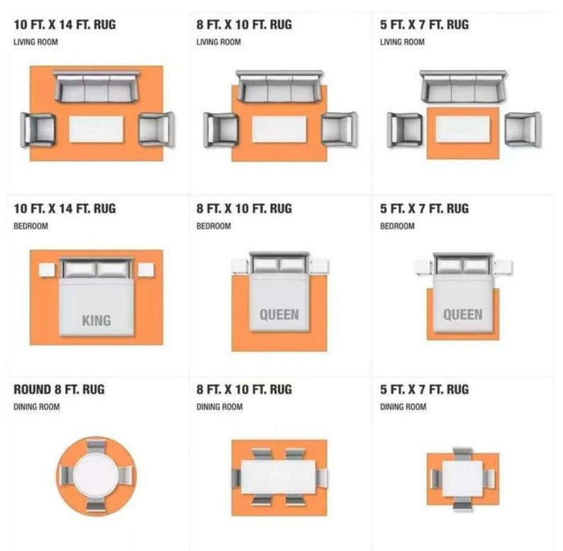 May include: Diagrams showing rug sizes and furniture layouts for living rooms, bedrooms, and dining rooms. Examples include 10 ft x 14 ft, 8 ft x 10 ft, and 5 ft x 7 ft rugs, plus a round 8 ft rug. Text labels specify room type and furniture arrangements.