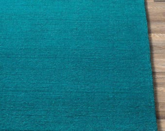 Deep Teal Hand-Tufted Wool Rug, Modern Shiny Carpet