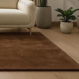 May include: A rectangular brown rug on a light wood floor, in front of a cream sofa. Potted plants are in the background. The rug's colour is a rich, earthy tone.