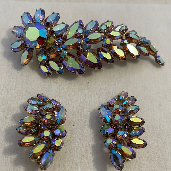 Sherman Jewelry- Aurora Borealis Set (Blue/Pink/Gold) -Brooch and Clip on Earrings- Made in Canada