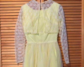 1950s Chiffon and lace lemon yellow dress and jacket Dry cleaned size small