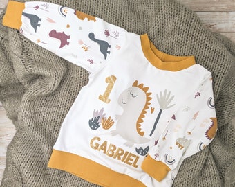 Birthday sweater with dinosaurs, desired name and number