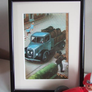 Stary wydruk oprawiony z książki Vintage Ladybird Book Cuthbert the Coal Cart, z Tootles the Taxi, wydruk retro, wydruk Coal Lorry,
