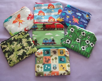 Handmade Fabric Childs Coin Purse, Coin Pouch, Handmade Zipper Purse, Money Purse, Earphone Storage, Paddington, Thomas, Dinosaur etc