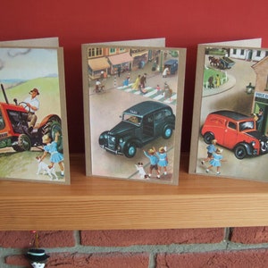 Biglietti d'auguri con illustrazioni di libri vintage fatti a mano di coccinelle - Tootles il taxi, trattore, taxi, furgone postale