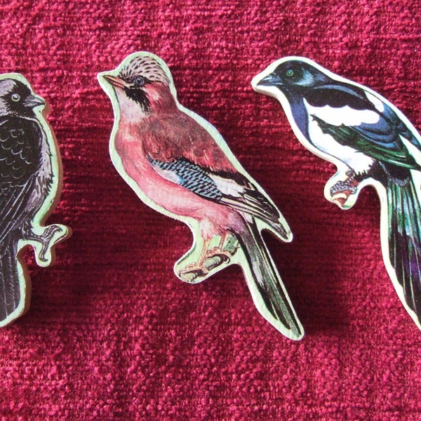 Upcycled Wooden Jigsaw Piece BRITISH BIRDS Brooch, Pin Badge, Wooden Brooch, Retro Pin Corvids Jackdaw Jay MAGPIE