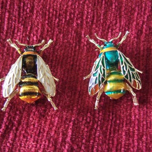 May include: Two bee brooches, one with black and gold wings and a white body, and the other with green and gold wings and a blue body.