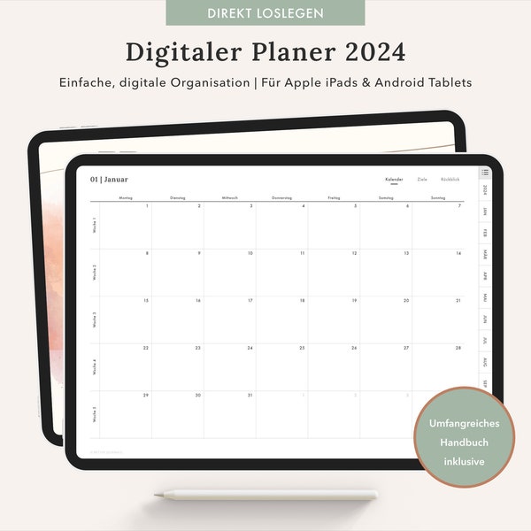Digitaler Planer 2024 Deutsch • GoodNotes Planer für iPads und Tablets • Minimalistisch Ästhetisch