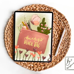 May include: A digital illustration of a pink pencil bag with the text "Becky's Pencil Bag" in yellow. The bag is filled with pencils, pens, and a butterfly. The background is a light green with small flowers and hearts.