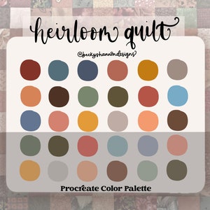 Pode incluir: Uma paleta de cores digital para Procreate com 24 cores suaves em tons de marrom, verde, azul, vermelho, laranja e bege. A paleta é intitulada "heirloom quilt" e inclui o nome de usuário de mídia social @beckyshanondesigns.