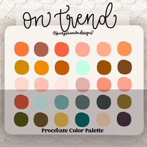 May include: A digital color palette with 24 color swatches in various shades of orange, brown, pink, green, blue, and gray. The palette is labeled "On Trend" and "Procreate Color Palette".