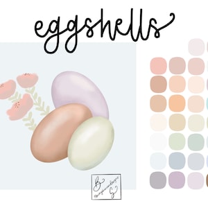 May include: Three pastel colored eggshells with a pink floral design. The eggshells are arranged in a cluster, with the largest one at the top and the smallest one at the bottom. The background is a light blue color.