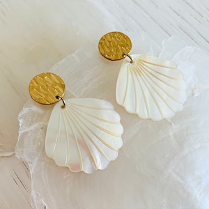 Temae Earrings - Stainless Steel and White Mother-of-Pearl Shell Earrings - Women&#39;s Jewelry
