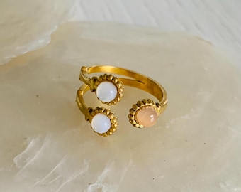 Taina Ring - Stainless steel, mother-of-pearl and sunstone ring - Women's jewelry