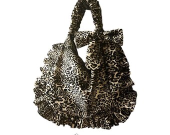 Leopard Print Cotton Ruffle Bag: Scrunchie Handle, Detachable Bow