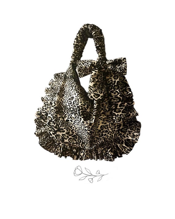 Leopard Print Cotton Ruffle Bag: Scrunchie Handle, Detachable Bow