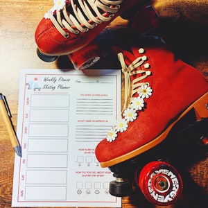 May include: A weekly fitness skating planner with a red and white roller skate with daisies on the boot. The planner has sections for daily goals, what to improve, how many hours to skate, and how you feel about your skating this week.