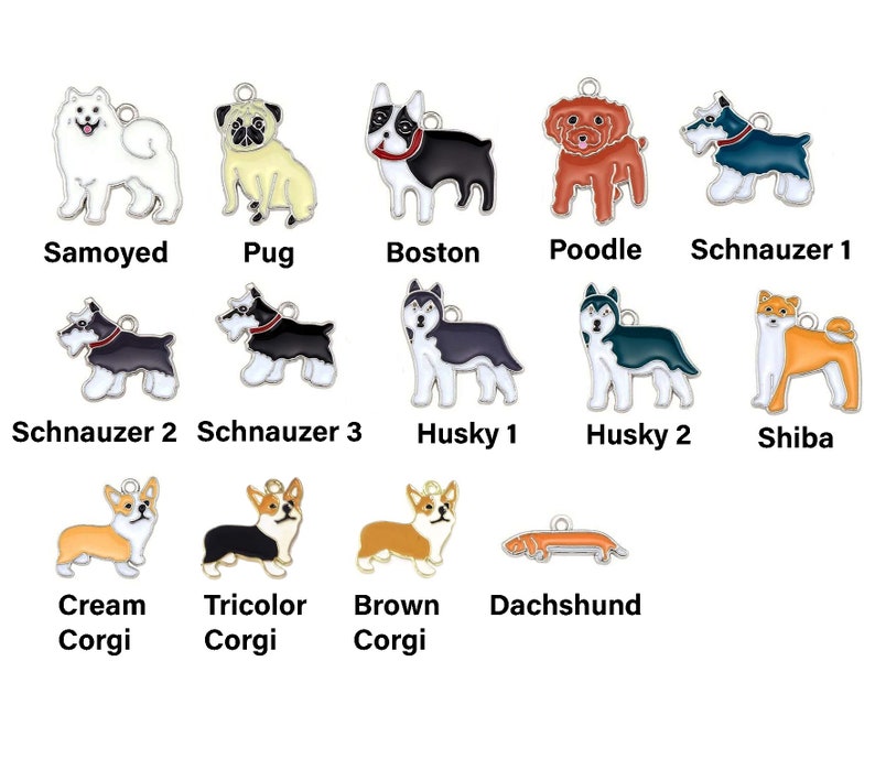 May include: A set of 12 enamel dog charms, each featuring a different breed. The charms are silver-toned and have a black outline. The breeds include Samoyed, Pug, Boston Terrier, Poodle, Schnauzer, Husky, Shiba Inu, and Corgi.