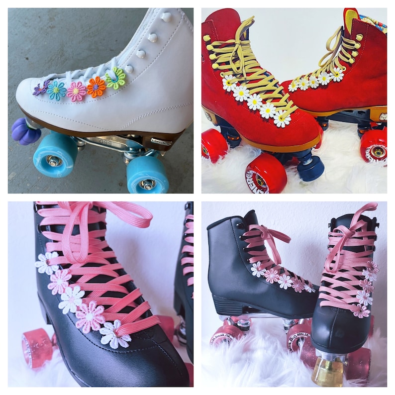 May include: Four pairs of roller skates in a collage. White, red, and black skates are decorated with daisy accents and colorful laces. The wheels are blue, red, and pink.
