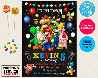 Super Mario Birthday Boy Invitation Personalized Thank You Card Printable Instant Download Digital Editable Template Corjl Digital Printed